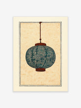 Illustrative print of a teal blue Japanese paper lantern with burnt orange details, hanging against a stippled beige