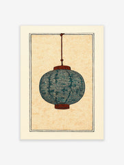 Illustrative print of a teal blue Japanese paper lantern with burnt orange details, hanging against a stippled beige