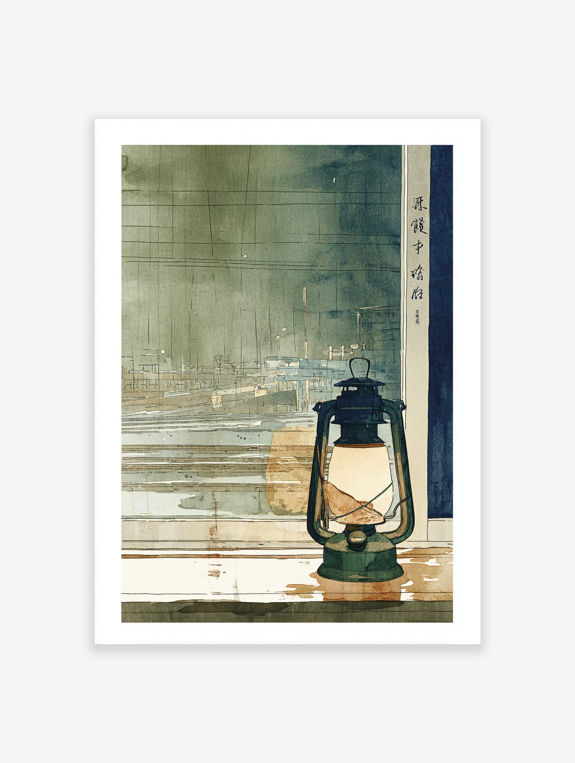 Japanese lantern on window sill with glowing light, blurred green-blue cityscape and Japanese text