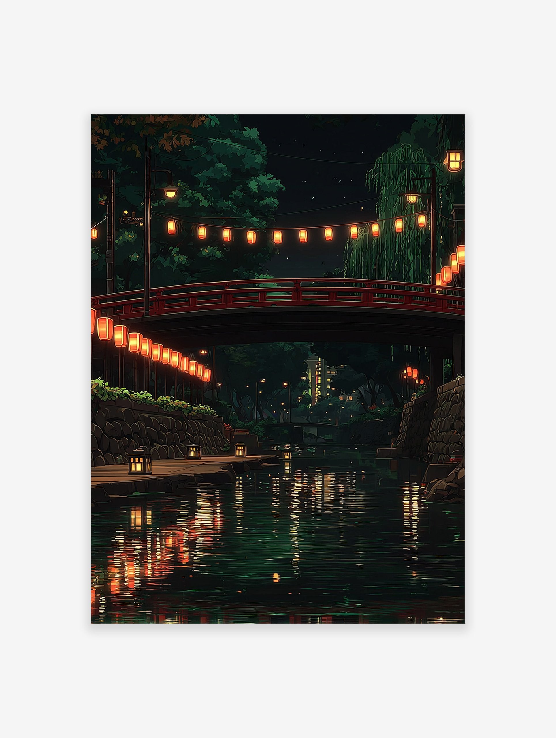 Japanese lanterns poster depicting a serene night scene with a red bridge over a canal, surrounded by trees and reflections in the water.