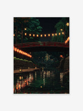 Japanese lanterns poster depicting a serene night scene with a red bridge over a canal, surrounded by trees and reflections in the water.