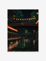 Japanese lanterns poster depicting a serene night scene with a red bridge over a canal, surrounded by trees and reflections in the water.
