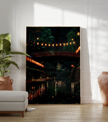 Japanese lanterns poster depicting a serene night scene with a red bridge over a canal, surrounded by trees and reflections in the water. - Image 3