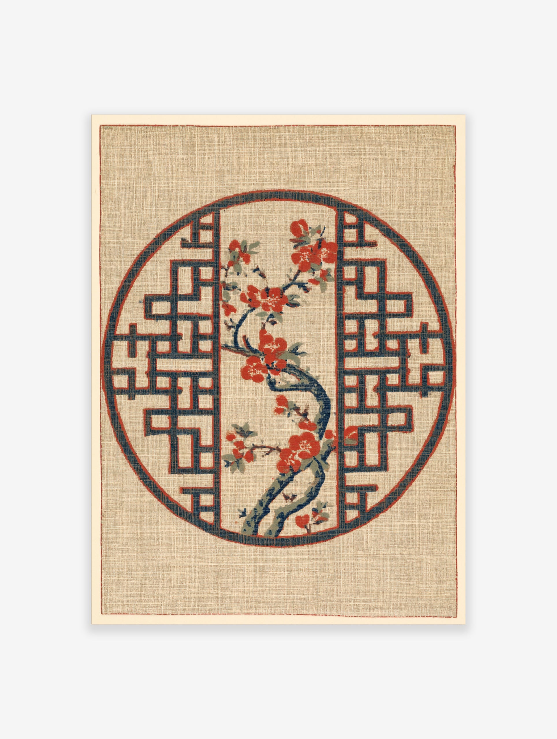 Japanese-inspired circular print featuring a red flowering branch inside a blue geometric lattice on a textured tan