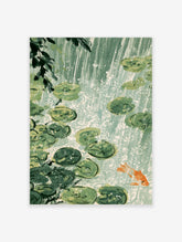 Japanese lily pond art print with green lily pads, rain ripples, and an orange koi fish