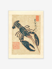 Japanese lobster illustration in dark teal with red outlines on a beige wave pattern background, with Japanese text