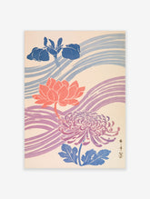 Japanese floral poster with coral lotus, purple chrysanthemum, blue leaves, and flowing wave lines on cream