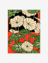 Japanese botanical poster featuring white lotus flowers with green leaves and stems against a vibrant red background.