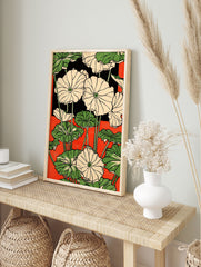 Japanese botanical poster featuring white lotus flowers with green leaves and stems against a vibrant red background. - Image 4