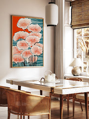 Japanese Lotus poster featuring vibrant orange and blue water lilies with black stems in a traditional woodblock print style. - Image 2