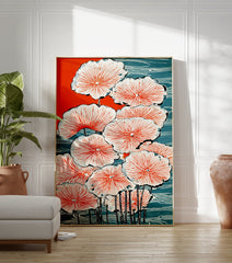 Japanese Lotus poster featuring vibrant orange and blue water lilies with black stems in a traditional woodblock print style. - Image 3