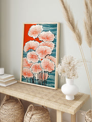 Japanese Lotus poster featuring vibrant orange and blue water lilies with black stems in a traditional woodblock print style. - Image 4