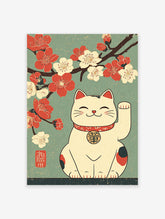 Japanese Lucky Cat poster with a Maneki-neko cat waving under red and white cherry blossoms on a teal background.