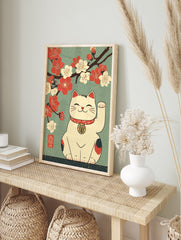 Japanese Lucky Cat poster with a Maneki-neko cat waving under red and white cherry blossoms on a teal background. - Image 4