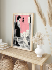 Japanese manga poster featuring a girl with a backpack looking at a white cat against a pink sky with clouds. - Image 4