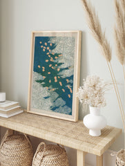 Japanese Maple Leaf poster with light beige leaves floating on a deep blue-green water with white swirling patterns. - Image 4