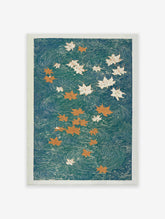 Japanese maple leaf poster with orange and white leaves floating on teal water with swirling patterns, Ukiyo-e style.