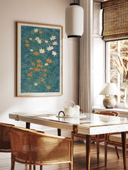 Japanese maple leaf poster with orange and white leaves floating on teal water with swirling patterns, Ukiyo-e style. - Image 2