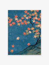 Japanese maple leaf art print with red and orange leaves on a blue background