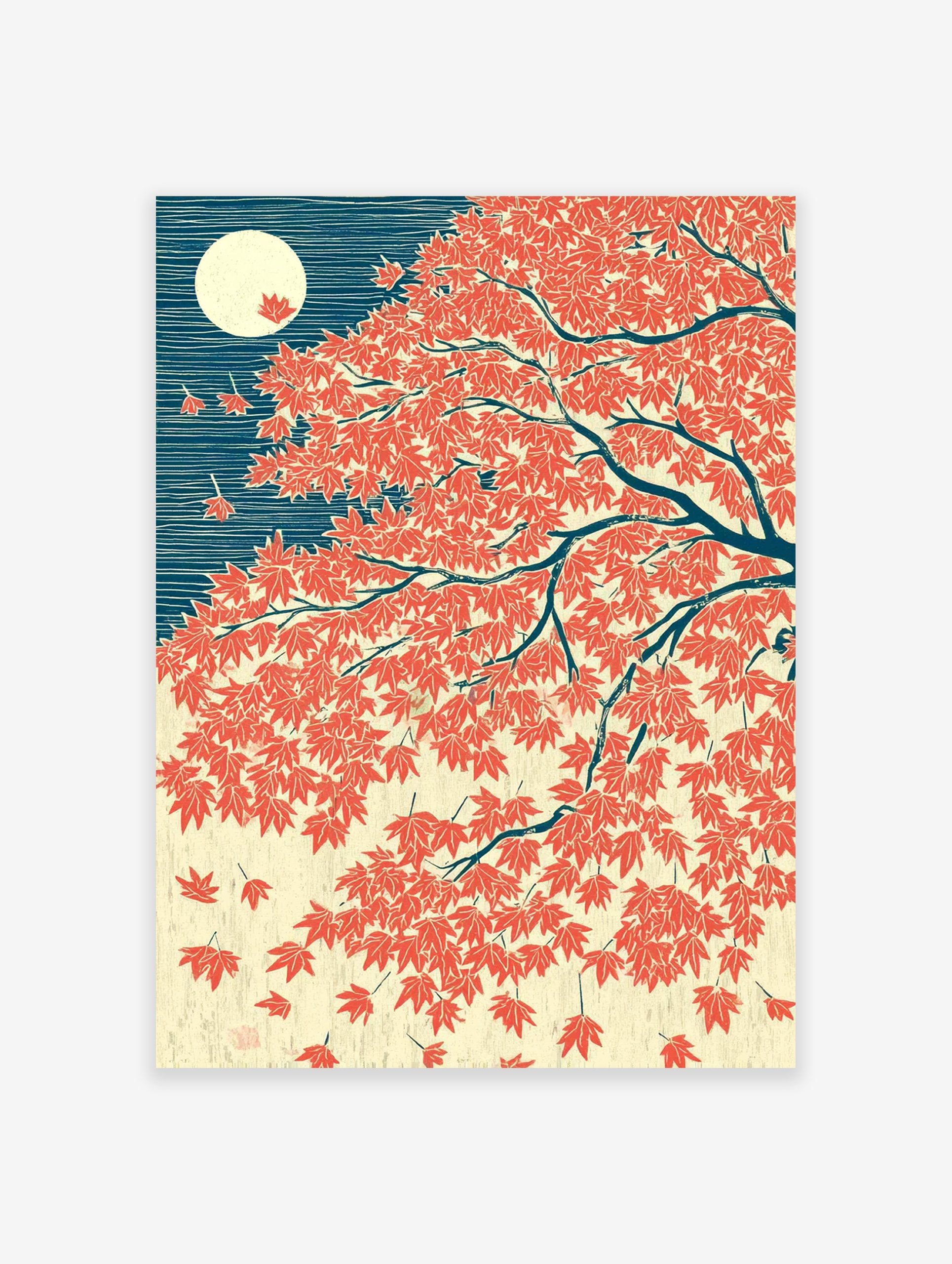 Japanese maple leaf wall art print with red autumn leaves, a full moon, and a dark blue background in Ukiyo-e style.
