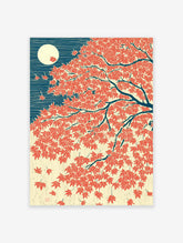 Japanese maple leaf wall art print with red autumn leaves, a full moon, and a dark blue background in Ukiyo-e style.