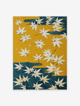 Japanese maple leaves poster with white leaves on a yellow and teal background, in a traditional illustrative style.