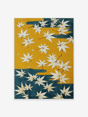 Japanese maple leaves poster with white leaves on a yellow and teal background, in a traditional illustrative style.