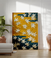 Japanese maple leaves poster with white leaves on a yellow and teal background, in a traditional illustrative style. - Image 3