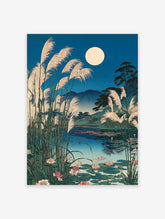 Japanese moon lake art print with a full moon, tall reeds, water lilies, and mountains in a serene night landscape.