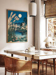 Japanese moon lake art print with a full moon, tall reeds, water lilies, and mountains in a serene night landscape. - Image 3