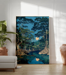 Japanese moonlit mangrove forest wall art with large trees, exposed roots, a bright full moon, and its reflection in calm water. - Image 3
