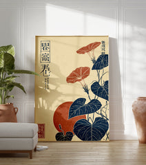 Japanese Morning Glory poster featuring red flowers, blue leaves, and a red sun in a vintage Ukiyo-e style. - Image 3