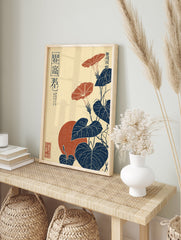 Japanese Morning Glory poster featuring red flowers, blue leaves, and a red sun in a vintage Ukiyo-e style. - Image 4