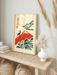 Japanese style print of red Mount Fuji, a deer, and deep teal waves with Kanji text and a red, in an alternate framed mockup