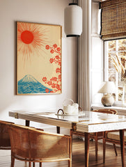 Japanese Mount Fuji mountain with red rising sun and cherry blossoms on a cream background in, in a styled room mockup