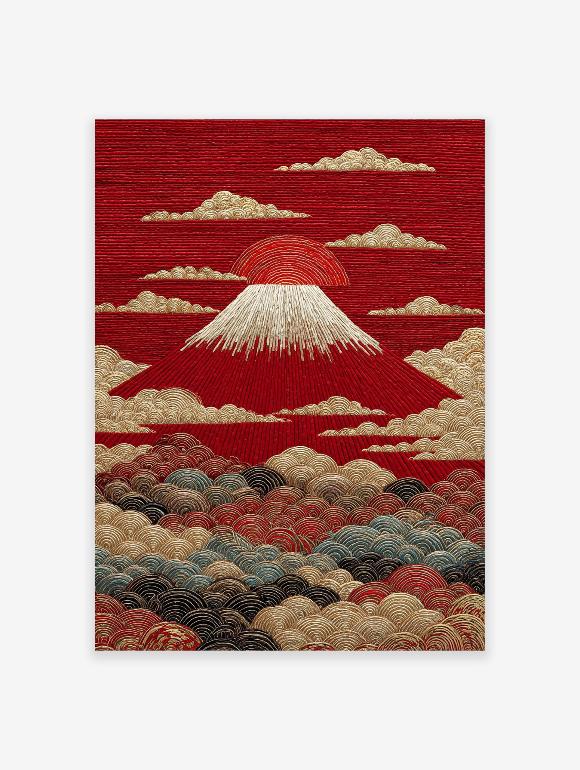 Japanese Mount Fuji poster with a red sun, white snow cap, and gold textured clouds and waves.