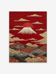 Japanese Mount Fuji poster with a red sun, white snow cap, and gold textured clouds and waves.