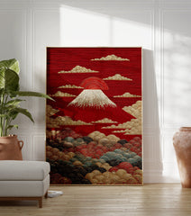 Japanese Mount Fuji poster with a red sun, white snow cap, and gold textured clouds and waves. - Image 3