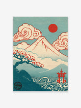 Japanese Mount Fuji poster with red sun, stylised clouds, blossom branch, torii gate and blue waves