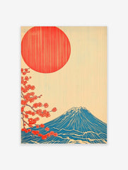Japanese Mount Fuji art print with red sun, blue mountain, and red cherry blossoms on a cream background