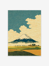 Japanese Mount Fuji landscape print featuring the iconic mountain, stylized clouds, green fields, and village houses.