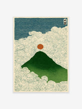 Japanese woodblock style art print of a green mountain, red sun, and swirling clouds, reminiscent of Mount Fuji.