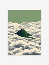 Japanese Mountain Poster featuring a green volcano with an orange peak, surrounded by stylized white and blue clouds.