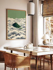 Japanese Mountain Poster featuring a green volcano with an orange peak, surrounded by stylized white and blue clouds. - Image 2