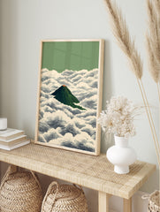 Japanese Mountain Poster featuring a green volcano with an orange peak, surrounded by stylized white and blue clouds. - Image 4
