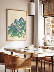 Japanese mountain wall art print featuring blue and green peaks with white highlights on an off-white background, with a red seal. - Image 2