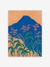 Japanese mountain wall art with a blue mountain, orange sky, and foreground of red-orange flowers and green leaves.