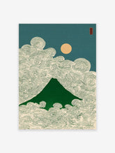 Japanese mountain wall art print with green mountain, swirling clouds, golden sun, and teal sky in traditional Asian style.