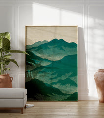 Japanese mountain landscape wall art print with green peaks and dotted clouds against a beige sky, minimalist style. - Image 3
