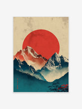 Japanese mountain landscape with red sun, snow-capped peaks, misty blue valleys, and Japanese script